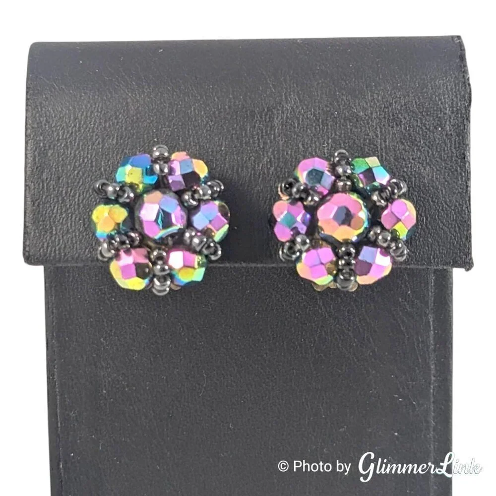 Signed Austria Vintage AB Purple Black Beaded Cluster Clip On Earrings